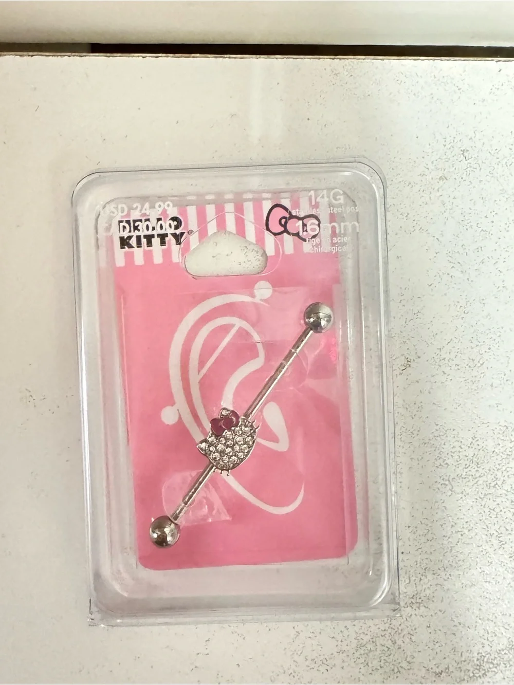 Hello Kitty Silver Barbell with Pink and Clear Gems
